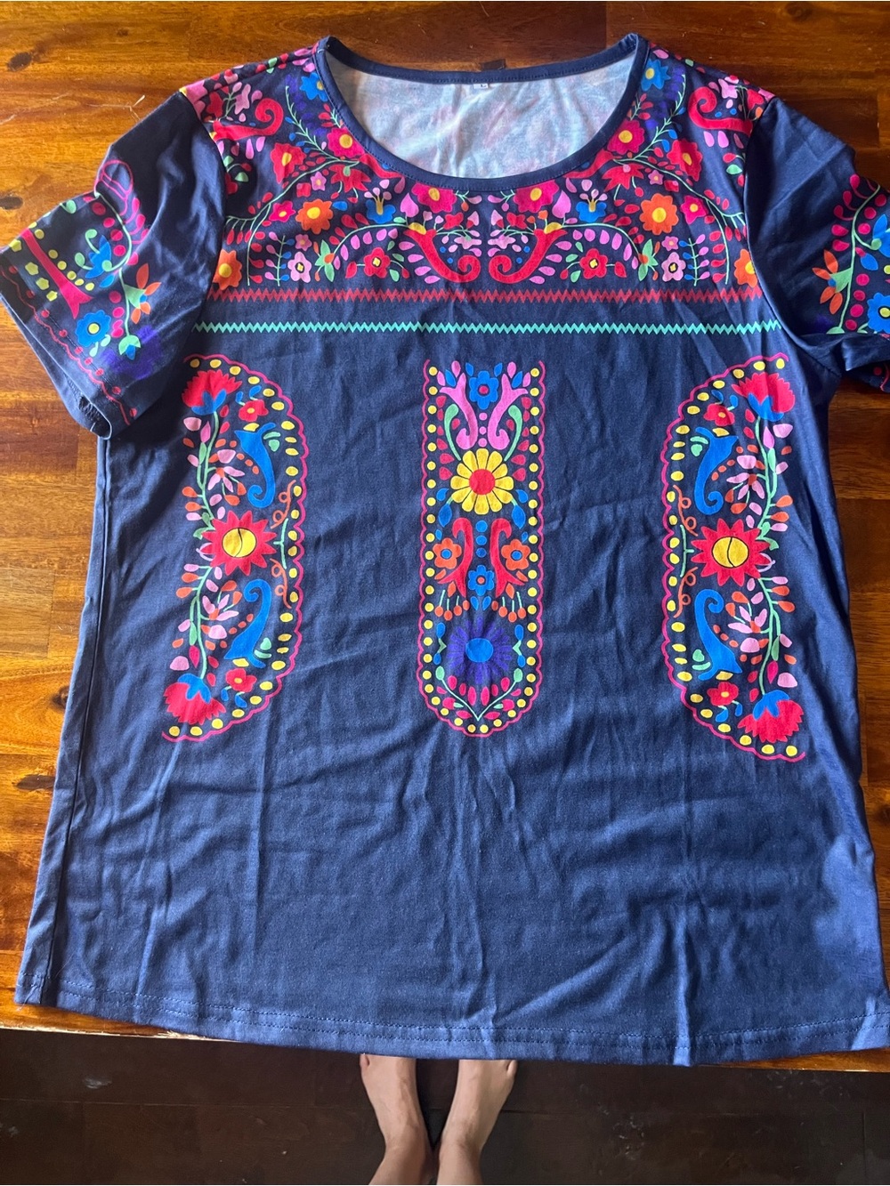 Women’s Navy Short Sleeve Tee with Bright Floral Embroidery
